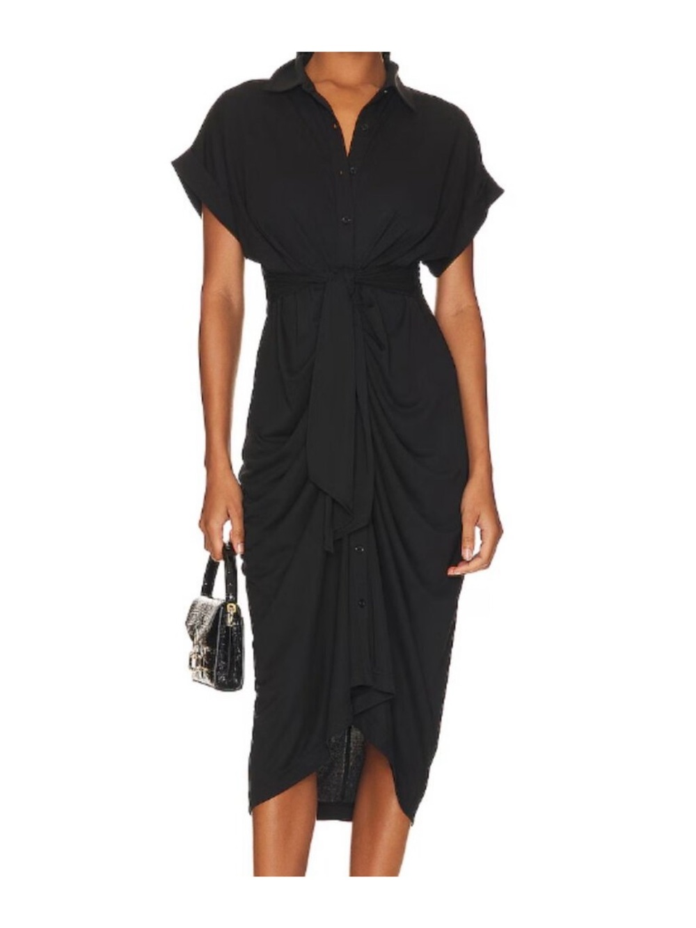 Steve Madden Black Button-Front Tie-Waist Midi Dress